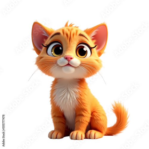 A cartoon orange tabby cat with big eyes sitting and looking forward with whiskers isolated on transparent background