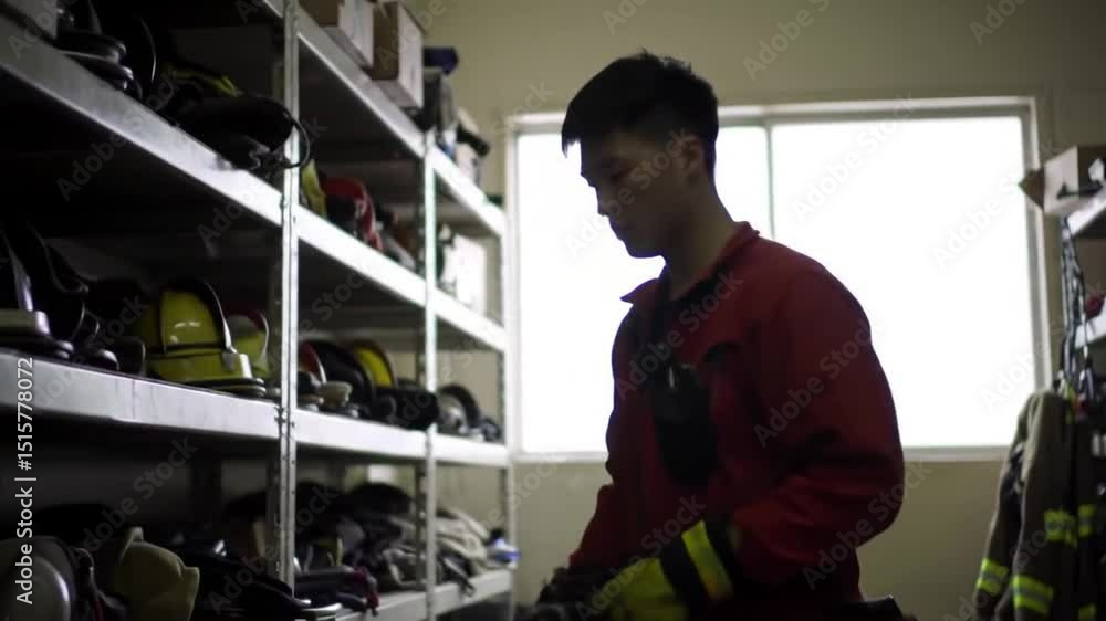 An Asian firefighter, dressed in a red suit with yellow gloves, swiftly moves through a storage area filled with essential firefighting equipment, signaling the urgency and readiness An Asian firefighter, dressed in a red suit with yellow gloves, swiftly moves through a storage area filled with essential firefighting equipment, signaling the urgency and readiness