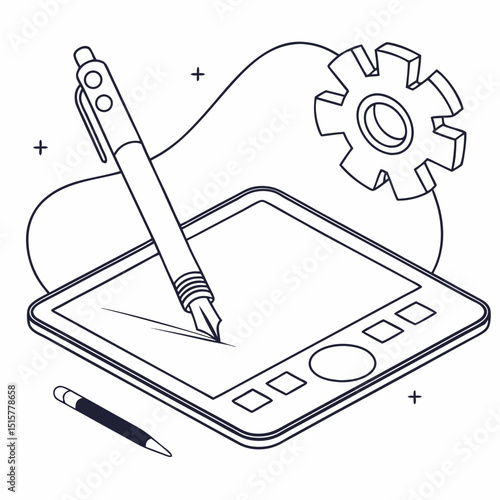 Isometric illustration of a digital tablet with stylus pen gear and abstract shapes outline style