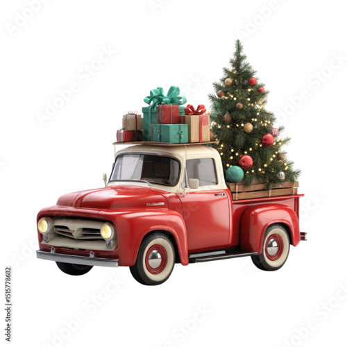 Christmas Truck Vintage Red Ride with Gifts and Festive Tree.