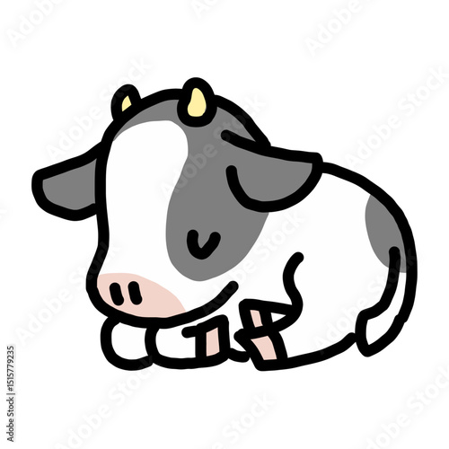 かわいい白黒の子牛が寝ているイラスト（手描き風）