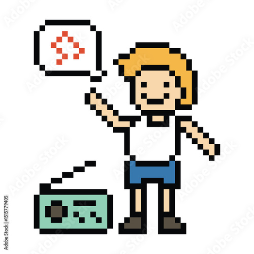 Cartoon cute pixel character cute man exercises training aerobic dance lifestyle music decoration life style 8 bit male boy dance with music game 8bit fitness isolated PNG vector.