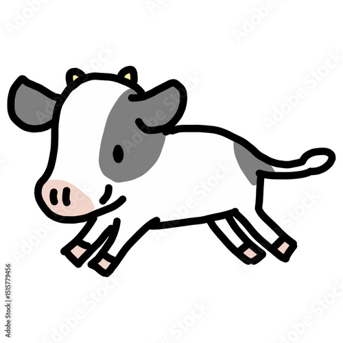 かわいい白黒の走る子牛イラスト（手描き風）