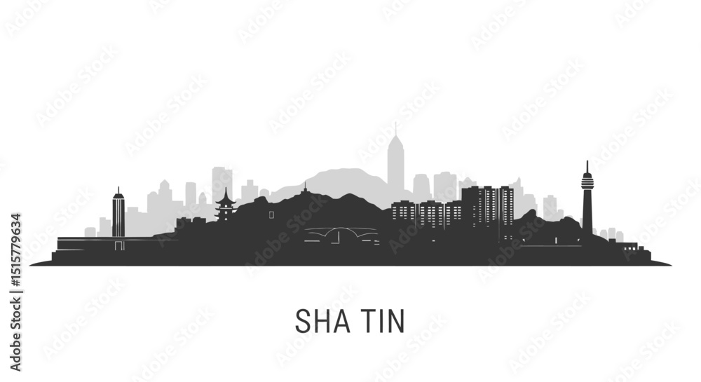 Naklejka premium Sha Tin with Hong Kong Skyline Silhouette, and Vector.