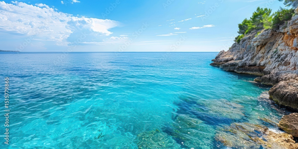 Fototapeta premium A serene beach scene with clear blue water, rocky cliffs, and a blue sky with white clouds.