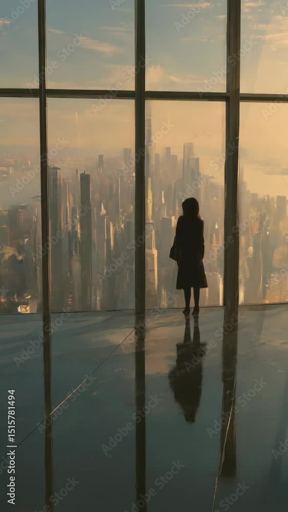 Woman in long coat gazing through expansive windows at distant city skyline at golden hour, calm reflection on floor, observation point Woman in long coat gazing through expansive windows at distant city skyline at golden hour, calm reflection on floor, observation point
