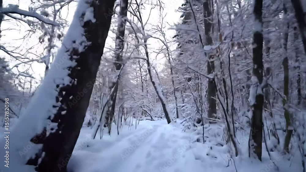 A captivating journey through a tranquil snow covered forest path with trees blanketed in fresh white snow A captivating journey through a tranquil snow covered forest path with trees blanketed in fresh white snow