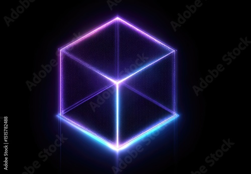 Glowing neon cube, vibrant purple and blue lines forming a 3D structure on a black background, casting a subtle reflection