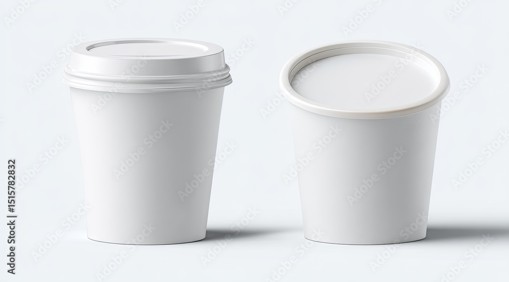 Two pristine white disposable paper cups, one upright with a lid, the other tilted, showcasing their design and capacity Two pristine white disposable paper cups, one upright with a lid, the other tilted, showcasing their design and capacity