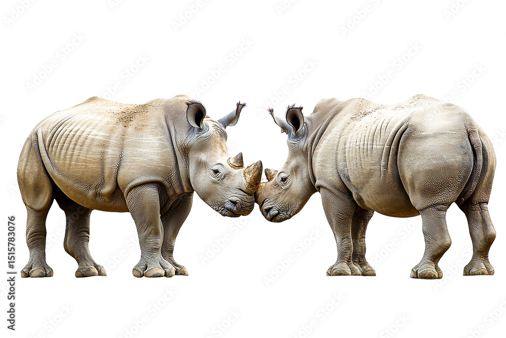 Fototapeta premium Two white rhinos facing each other isolated on transparent PNG