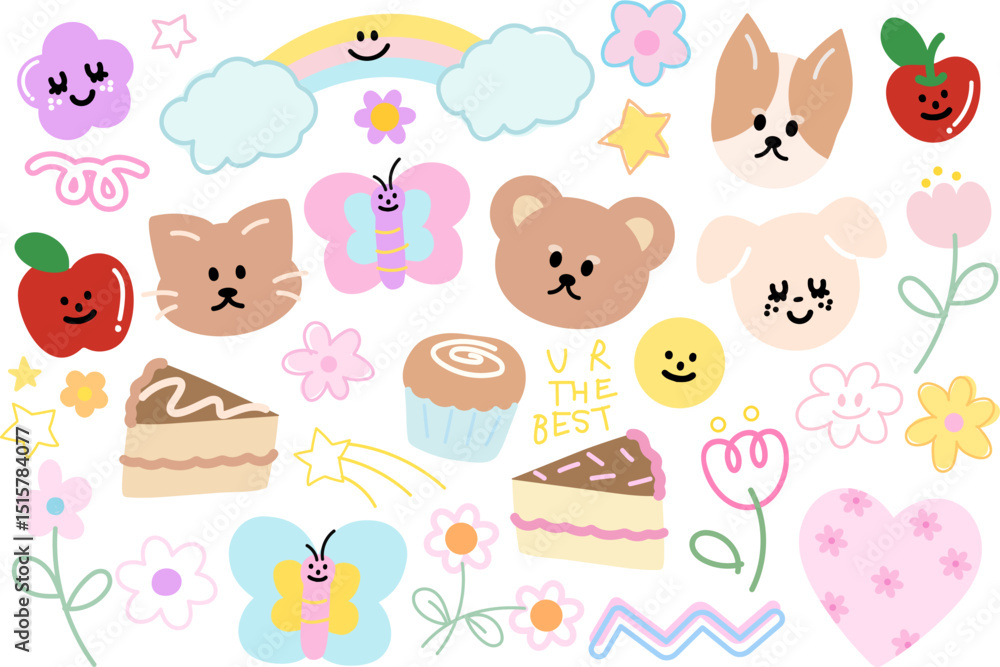 custom made wallpaper toronto digitalCute vector illustration of teddy bear, cat, rainbow, puppy, cat, butterfly, flower, cupcake, cake for animals, cartoon character, cute patches, kid doll, plush toy, sweet dessert, comic, brooch, pet