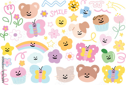 Pastel illustration of teddy bear, puppy, cat, rainbow, butterfly, flowers, cupcake, apple for cute animals, zoo, pet shop, vet, spring, summer, cartoon, character, kid, toddler, sticker, fruits
