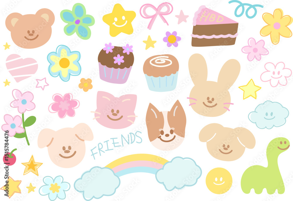 Fototapeta premium Cute vector illustration of teddy bear, cat, rainbow, puppy, butterfly, flower, cupcake, cake, dinosaur for animals, cartoon character, cute patches, kid doll, plush toy, sweet dessert, comic, brooch