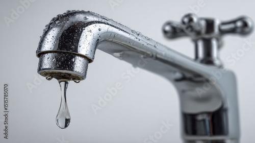 Water dripping from shiny metal faucet	