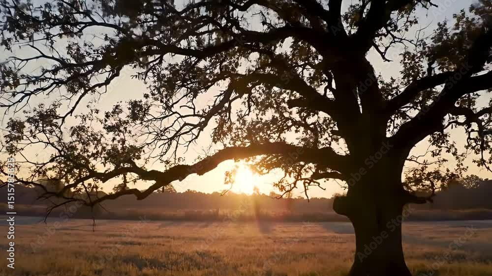 Slowly Approaching Majestic Silhouetted Tree As Golden Sunrise Glows Over Peaceful Field Slowly Approaching Majestic Silhouetted Tree As Golden Sunrise Glows Over Peaceful Field