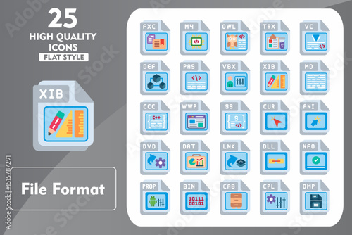 File Format Flat Icon Set. Incleded Icons FXC, M4, OWL, TRX, VC, DEF, PAS, VBX, XIB, MD. Vector Icons Collection