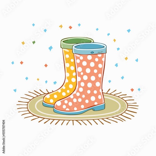 Cute spotted gumboots on a mat in a cozy flat design