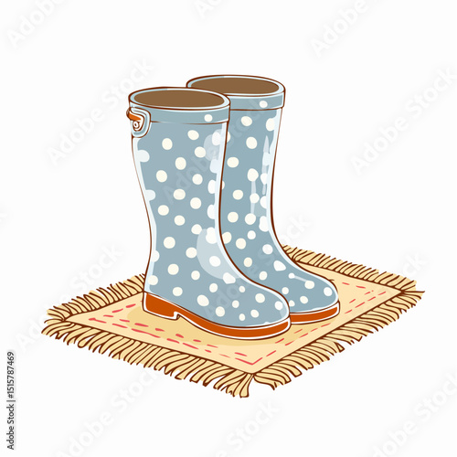 Cute spotted gumboots on a mat in a cozy flat design