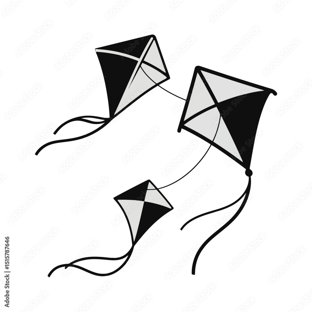 Ταπετσαρία A black and white clipart image displays several kites soaring in the sky, their long tails gracefully trailing behind them
