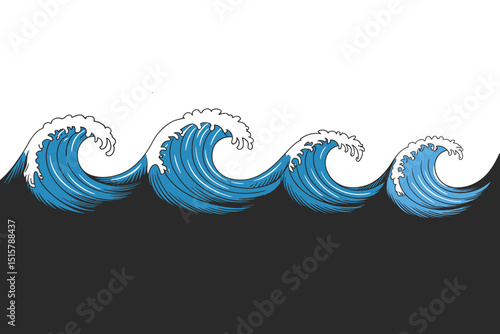 Dynamic Vector Illustration of Ocean Waves with Foam Crests in Blue and White