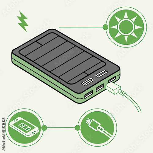 Illustration of a power bank with charging cable and indicators of solar charging and device charging