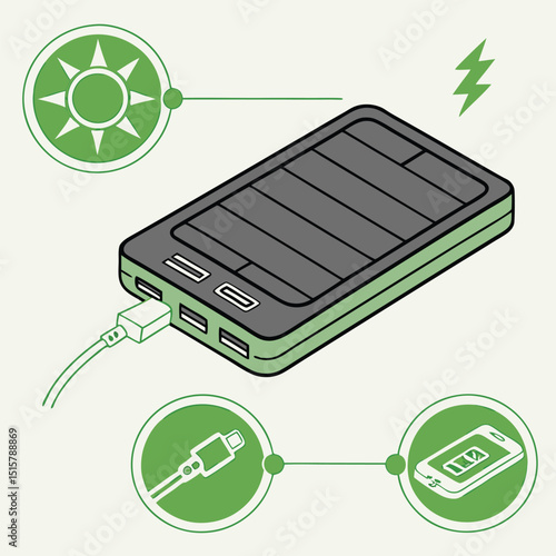 Illustration of a power bank with a cable plugged in, surrounded by charging related icons design