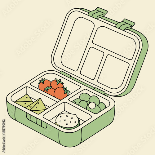 An open green lunchbox with tomatoes cheese peas and a cookie in separate compartments on a beige surface