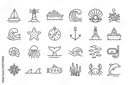 Marine and Ocean Themed Vector Icon Set for Nautical Designs and Illustrations