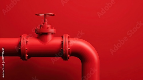 Red industrial pipe with valve against red wall	