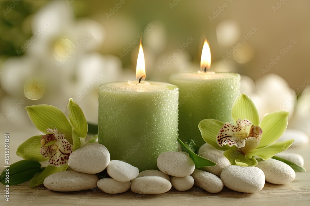 Two pale green, water-drop-covered candles burn brightly, nestled amongst smooth white stones and vibrant green orchids, creating a serene spa-like atmosphere Two pale green, water-drop-covered candles burn brightly, nestled amongst smooth white stones and vibrant green orchids, creating a serene spa-like atmosphere