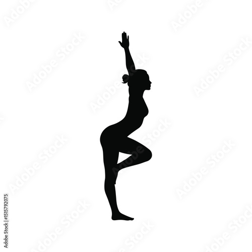 Woman practicing Natarajasana King Dancer Pose yoga silhouette black and white vector illustration