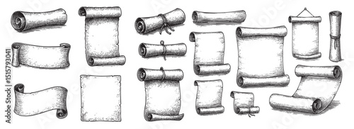 Scroll parchment set woodcut engraving vector illustration