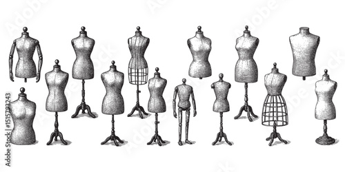 mannequin display set woodcut engraving vector illustration