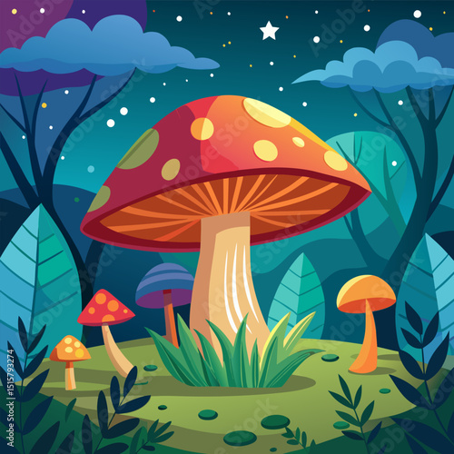 Enchanted Forest at Night. Giant Mushrooms and Magical Landscape