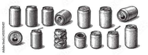 soda can set woodcut engraving vector illustration