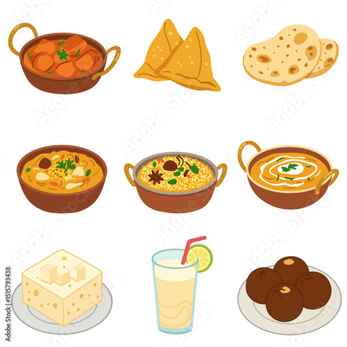 Indian Food Set Cuisine Vector Dishes.