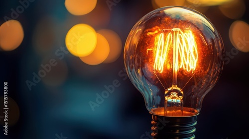 Close up of a glowing light bulb with visible filament against a blurred bokeh background image