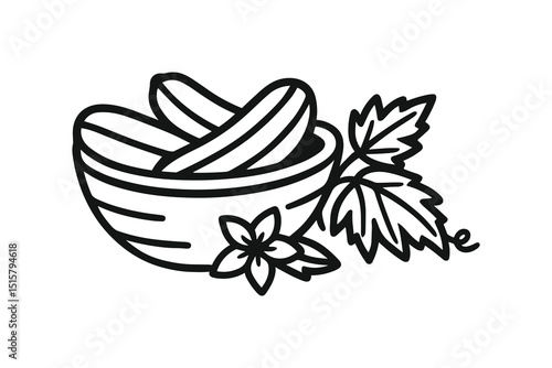 Outline Vector Illustration of Pickled Cucumbers in Bowl with Leaves and Flower
