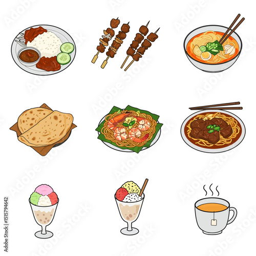 Asian Cuisine Icons Set of Food.