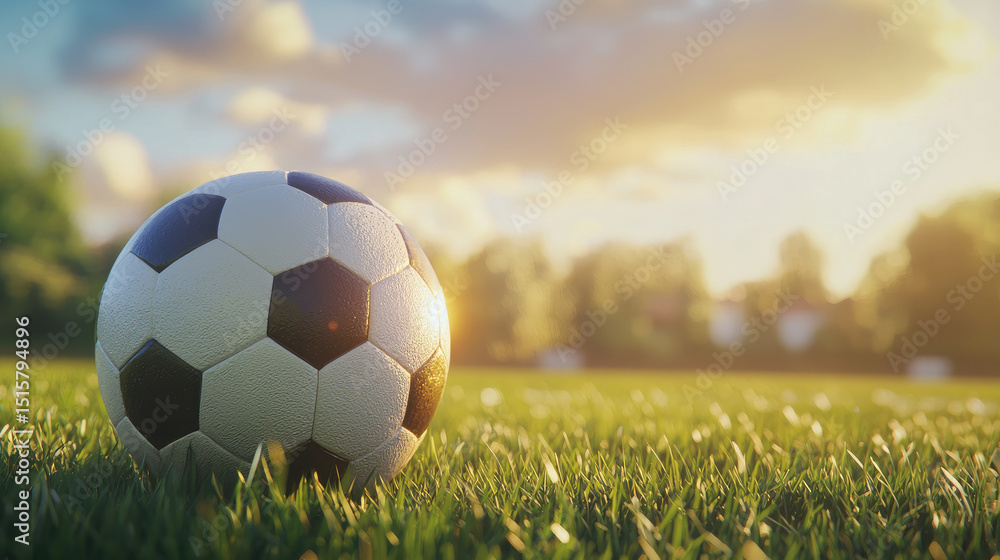 Fototapeta premium Soccer ball resting on lush grassy field, illuminated by warm sunlight, creates serene and inviting atmosphere for play