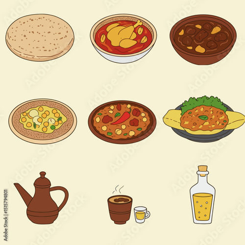 Middle Eastern cuisine with food set, and dishes.