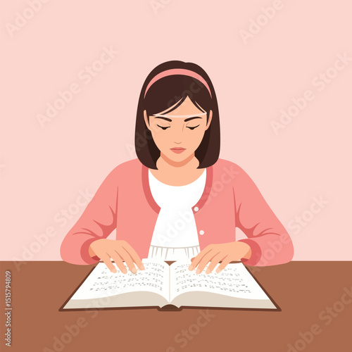 Woman Reading Braille Book Concentrating at Table Learning New Things