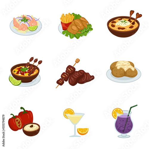Food Set Cuisine Meal Isolated on white.