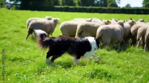 Border-Collie sheepdog herding sheep in a farmers field