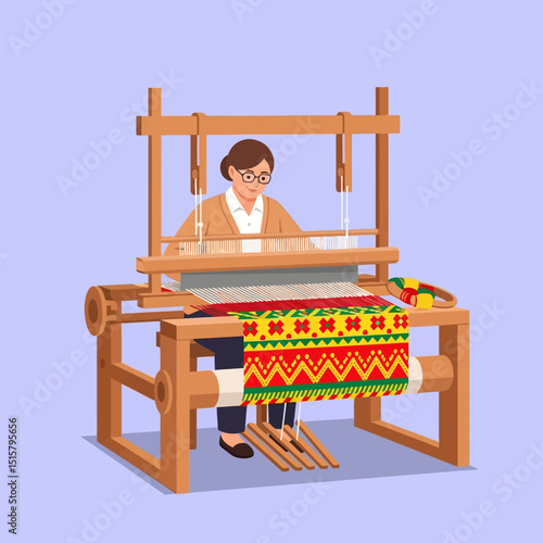Woman Weaving Colorful Fabric on Loom Crafting Traditional Textile Art