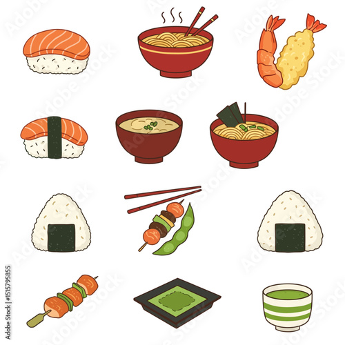 Japanese Food Set Cuisine on White Vector.