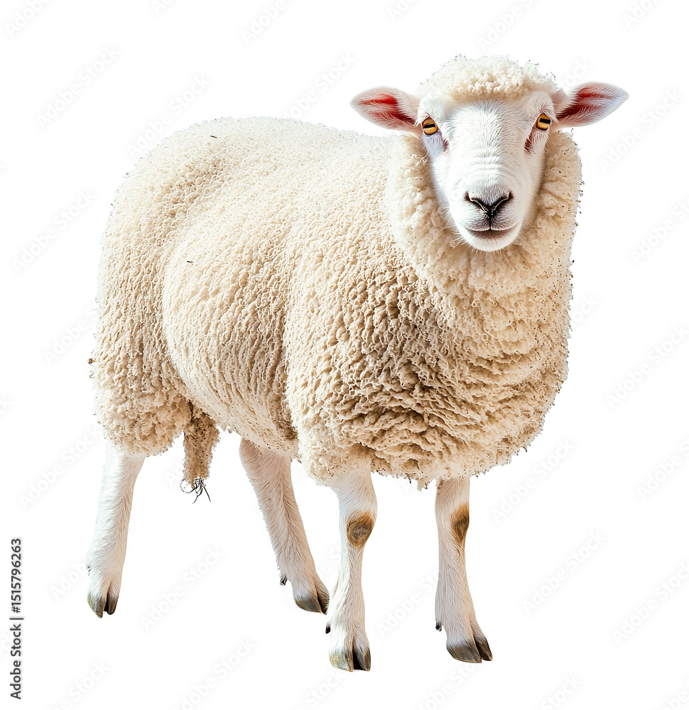 Fototapeta premium A fluffy white sheep standing isolated on transparent PNG