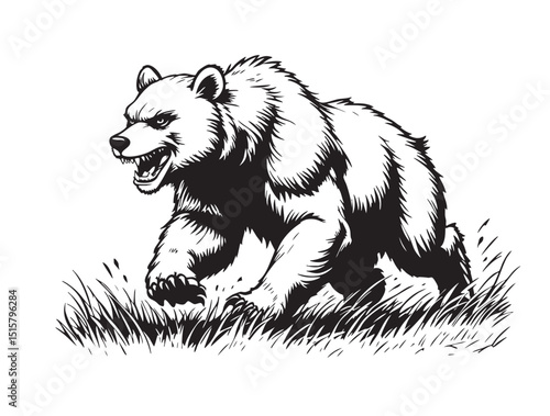 Fierce bear charging through grass in bold black and white vector style. Powerful, wild, and dynamic—ideal for logos, tattoos, and graphic designs. Animals.