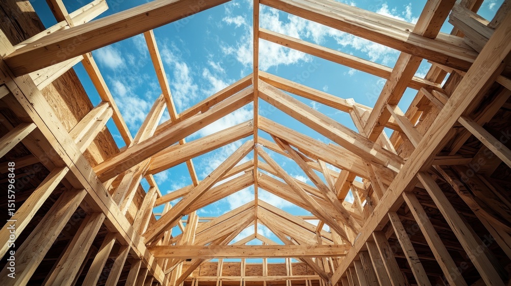 Obraz premium Wooden House Frame Under Construction Against Blue Sky