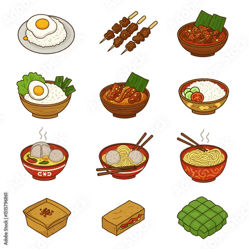 Indonesian food icons Asian cuisine set.